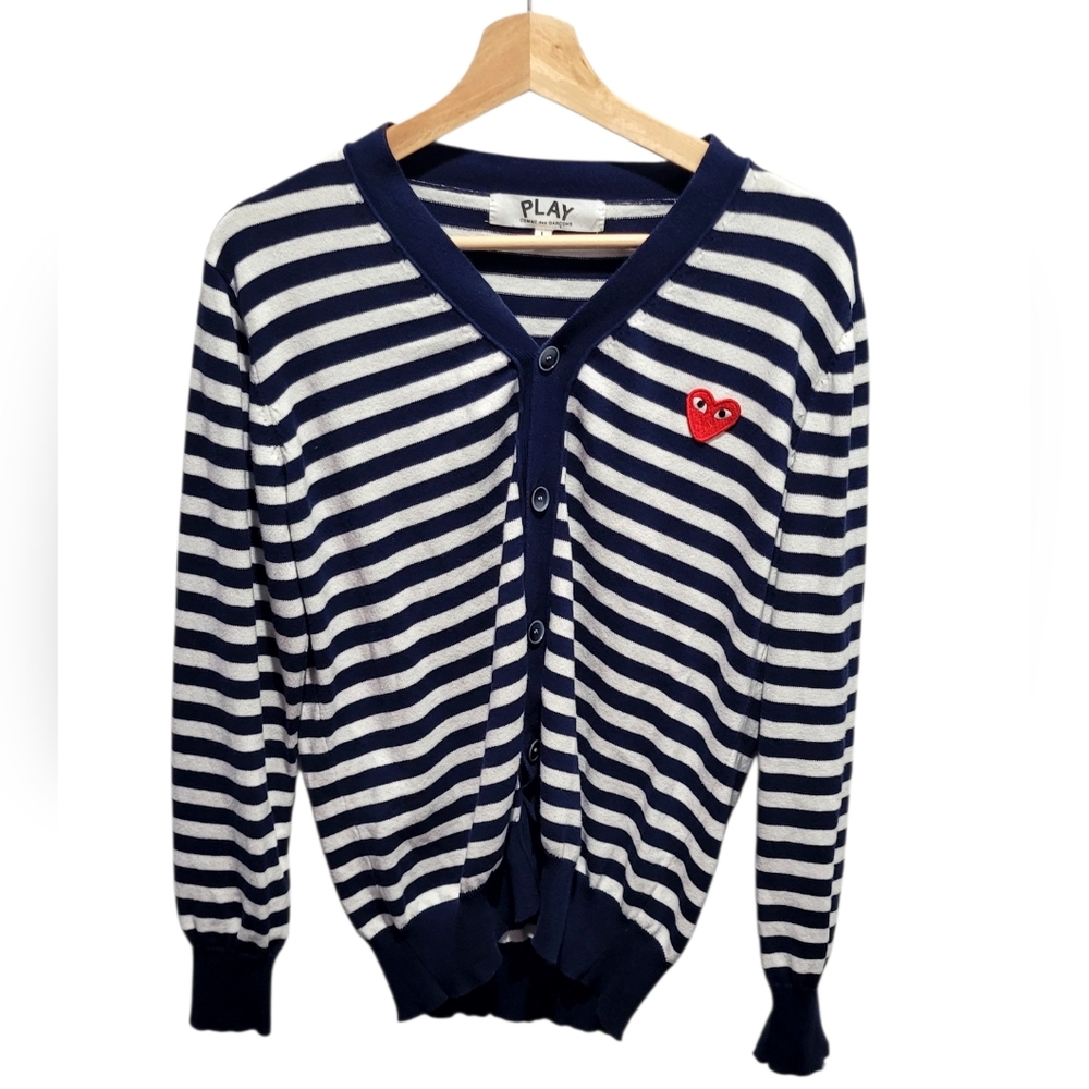 Comme des Garçons PLAY Striped V-Neck Cardigan Heart Logo Size L